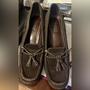 Franco Sarto Women’s Sz 8.5M 3" Heel Brown Leather Loafer Shoes w braided Tassel